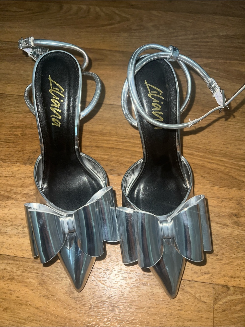 Silver Metallic Pointed-Toe Bow Stiletto Heels - Picture 3 of 6